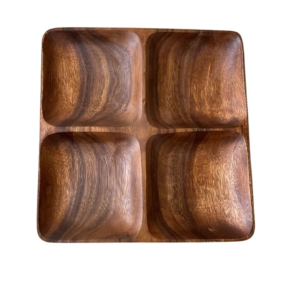 MOUNTAIN WOODS 4 Compartment Section Square Acacia Wood Snack Serving Tray Brown